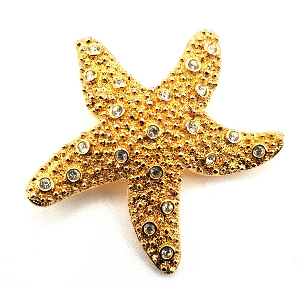 Vintage Swarovski Crystal Yellow Gold Plated Tone Star Fish Brooch Pin